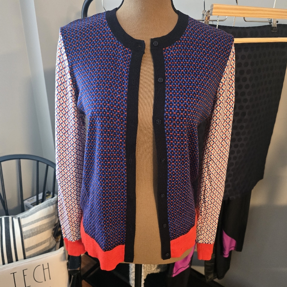 Tory Burch Button-Up Cardigan - Blue, Red, and White Pattern